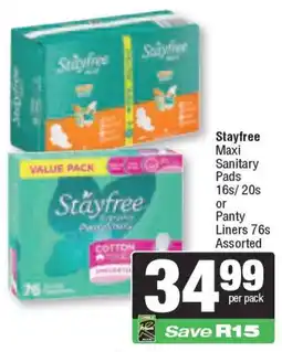 Spar Stayfree Maxi Sanitary Pads or Panty Liners Assorted offer