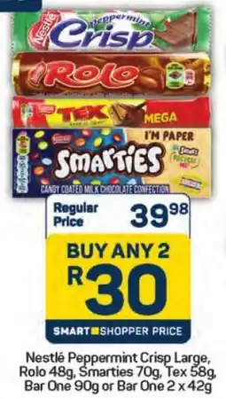 Pick n Pay Hypermarket Nestlé Peppermint Crisp Large, Rolo, Smarties, Tex, Bar One offer