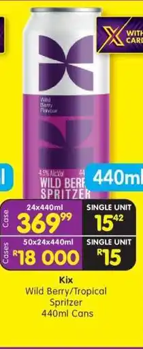 Shoprite Kix Wild Berry/Tropical Spritzer 440ml Cans offer
