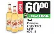 Spar Sol Premium Lager Beer NRB-For 3 x 660ml offer