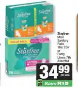 Spar Stayfree Maxi Sanitary Pads 16s/20s Or Pantyliners 76s-Each offer