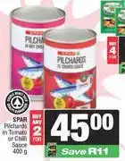 Spar Spar Pilchards In Tomato Or Chilli Sauce-For 2 x 400g offer