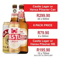 Johnny's Liquor Hypermarket Castle Lager or Hansa Pilsener Can offer