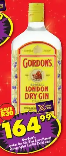 Shoprite Liquor Gordon's London Dry Gin/ Pink Berry/ Sunset Orange Spirit Aperitif offer