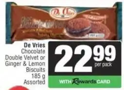 Spar De Vries Chocolate Double Velvet or Ginger & Lemon Biscuits Assorted offer