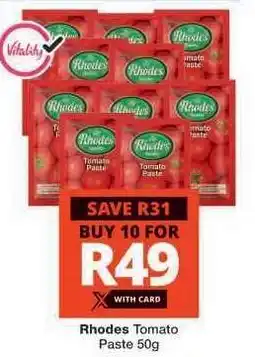 Checkers Rhodes Tomato Paste 50g offer
