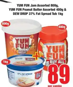 Boxer YUM FUN Jam Assorted 800g, YUM FUN Peanut Butter Assorted 400g & DEW DROP 37% Fat Spread Tub 1kg offer