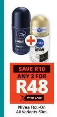 Checkers Nivea Roll-On All Variants 50ml offer