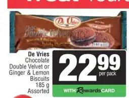 Spar De Vries Chocolate Double Velvet or Ginger & Lemon Biscuits offer