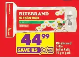 Shoprite RITEBRAND 1-PLY TOILET ROLLS 10 per pack offer