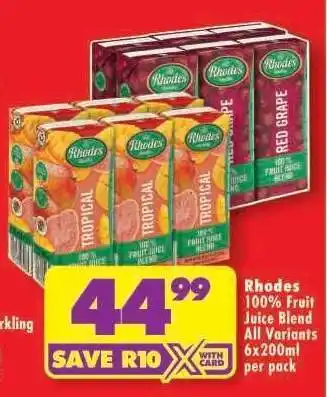 Shoprite RHODES 100% FRUIT JUICE BLEND all variants 6x200ml per pack offer