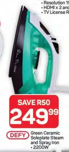 Pick n Pay Hypermarket DEFY Green Ceramic Soleplate Steam and Spray Iron offer