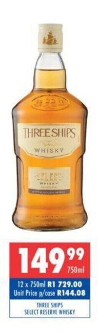 Ultra Liquors Three Ships Select Reserve Whisky 750ml offer