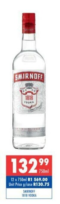 Ultra Liquors Smirnoff 1818 Vodka 750ml offer
