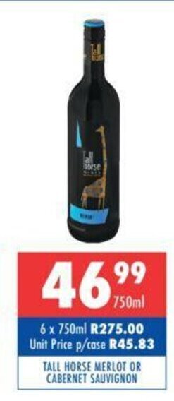 Ultra Liquors Tall Horse Merlot or Cabernet Sauvignon 750ml offer