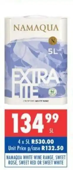 Ultra Liquors Namaqua White Wine Range, Sweet Rose, Sweet Red or Sweet White 5L offer