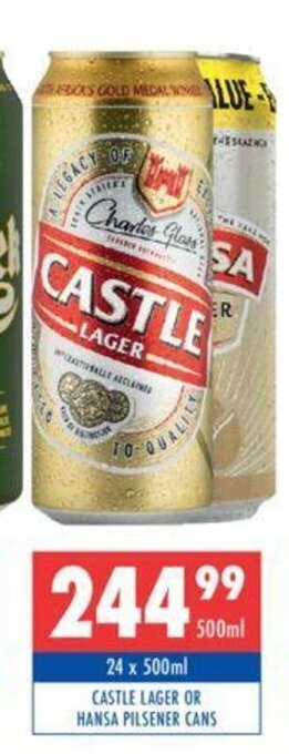 Ultra Liquors Castle Lager or Hansa Pilsener Cans 24 x 500ml offer