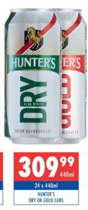 Ultra Liquors Hunter's Dry or Gold Cans 24 x 440ml offer