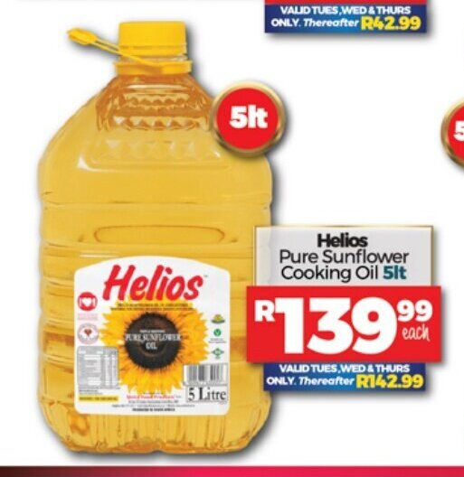 Helios Pure Sunflower Cooking Oil 5lt offer at Take 'n Pay