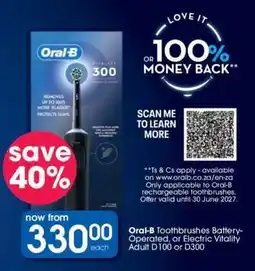 Clicks Oral-B Toothbrushes Battery-Operated, or Electric Vitality Adult D100 or D300 offer