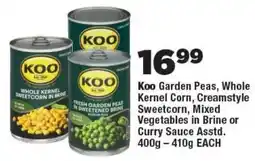OK Foods Koo Garden Peas, Whole Kernel Corn, Creamstyle Sweetcorn, Mixed Vegetables in Brine or Curry Sauce offer