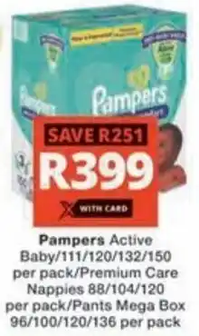 Checkers Hyper Pampers Active Baby/ Premium Care Nappies/ Pants Mega Box offer