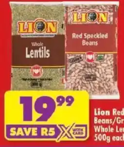 Shoprite Lion Red Speckled Beans/ Green Split Peas/ Whole Lentils/ Red Lentils offer