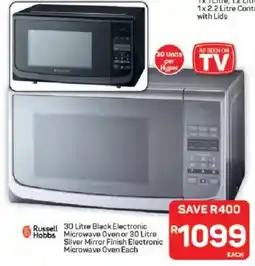 Pick n Pay Hypermarket Russell Hobbs Black Electronic Microwave Oven or Silver Mirror Finish Electronic Microwave Oven offer