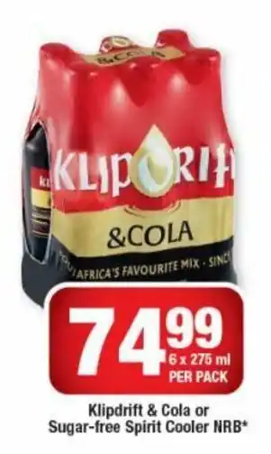 OK Liquor Klipdrift & Cola or Sugar-free Spirit Cooler NRB 6x275ml offer