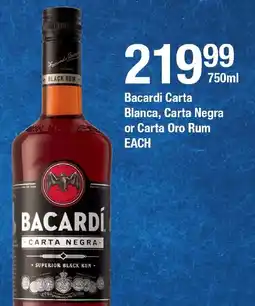 OK Liquor Bacardi Carta Blanca, Carta Negra or Carta Oro Rum offer