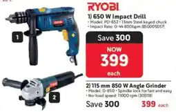 Makro Ryobi 650 W Impact Drill or 850 W Angle Grinder offer