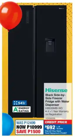 OK Furniture Hisense Black Side-by-Side Freezer Fridge with Water Dispenser offer
