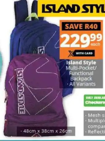 Checkers Island Style Multi-Pocket/Functional Backpack offer