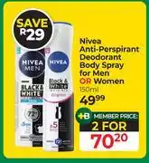 Dis-Chem Nivea Ani-Perspirant Deodorant Body Spray For Men Or Women-For 2 x 150ml offer
