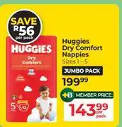 Dis-Chem Huggies Dry Comfort Nappies (Sizes 1-5)-Per Pack offer