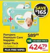 Dis-Chem Pampers Premium Care Nappies Value Pack (2 x Sizes 1-2) Plus Free Wipes offer