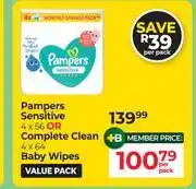 Dis-Chem Pampers Sensitive 4 x 56 Or Complete Clean 4 x 64 Baby Wipes-Per Pack offer