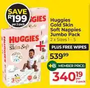 Dis-Chem Huggies Gold Skin Soft Nappies Jumbo Pack (Size 1-5) Plus Free Wipes-For 2 offer