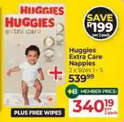 Dis-Chem Huggies Extra Care Nappies (Size 1-5) Plus Free Wipes-For 2 offer