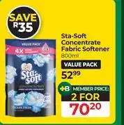 Dis-Chem Sta-Soft Concentrated Fabric Softener-For 2 x 800ml offer