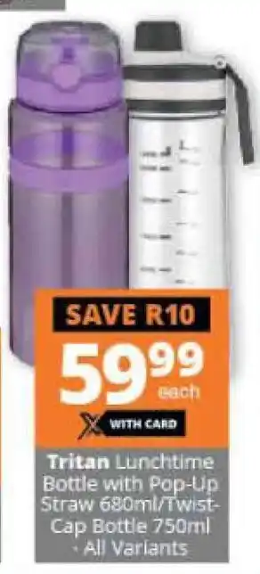 Checkers Tritan Lunchtime Bottle with Pop-Up Straw 680ml/Twist-Cap Bottle 750ml offer