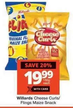 Checkers WILLARDS CHEESE CURLS/FLINGS MAIZE SNACK offer