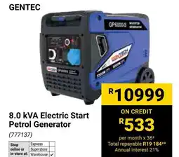 Builders Warehouse Gentec 8.0 KVA Electric Start Petrol Generator offer