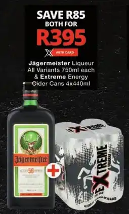 Checkers Jägermeister Liqueur All Variants & Extreme Energy Cider Cans offer