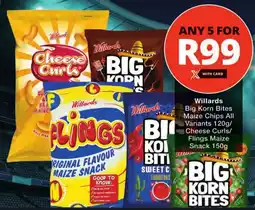 Checkers Willards Big Korn Bites Maize Chips All Variants/ Cheese Curls/ Flings Maize Snack offer