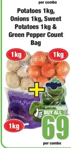 Boxer Potatoes 1kg, Onions 1kg, Sweet Potatoes 1kg & Green Pepper Count Bag offer