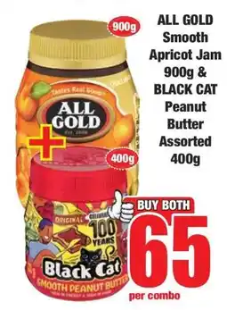 Boxer ALL GOLD Smooth Apricot Jam 900g & BLACK CAT Peanut Butter Assorted 400g offer