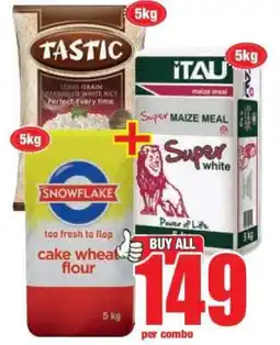 Boxer Tastic Long Grain Parboiled White Rice, ITAU Maize Meal, Snowflake Cake Wheat Flour offer