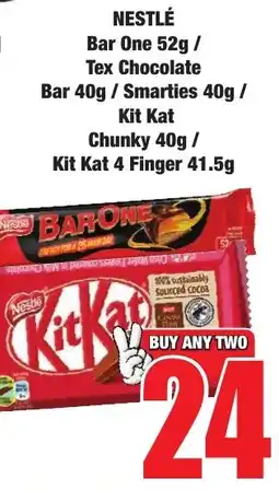 Boxer Superstores Nestlé Bar One/ Tex Chocolate Bar/ Smarties/ Kit Kat Chunky/ Kit Kat 4 Finger offer