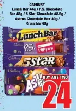 Boxer Cadbury Lunch Bar/ P.S. Chocolate Bar/ 5 Star Chocolate/ Astros Chocolate Box/ Crunchie offer